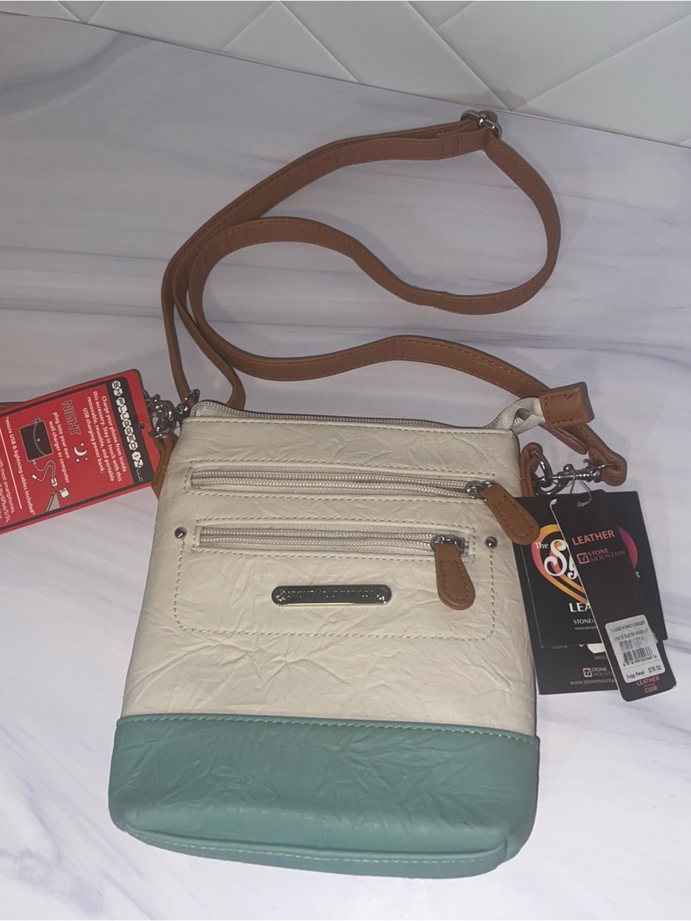 Stone Mountain Leather Sydney 3-in-1 crossbody/wristlet/clutch  green & cream